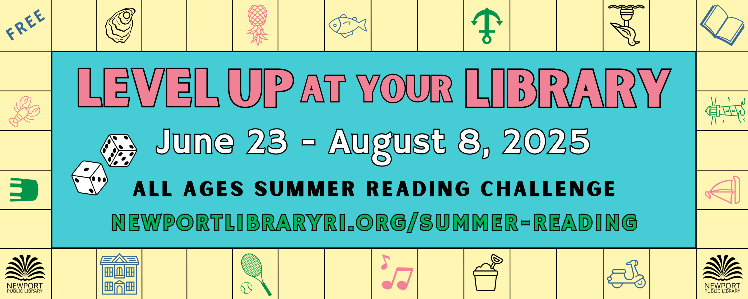 Newport Public Library Summer Reading 2025 1 2025 SRP Outdoor Banner Level Up at Your Library 2 scaled