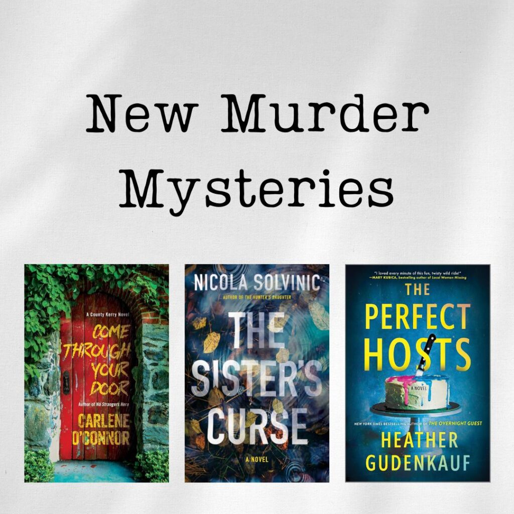 Square graphic displaying covers for new murder mysteries.