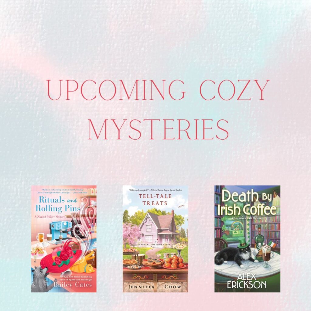 Square graphic displaying covers for new cozy mysteries. 