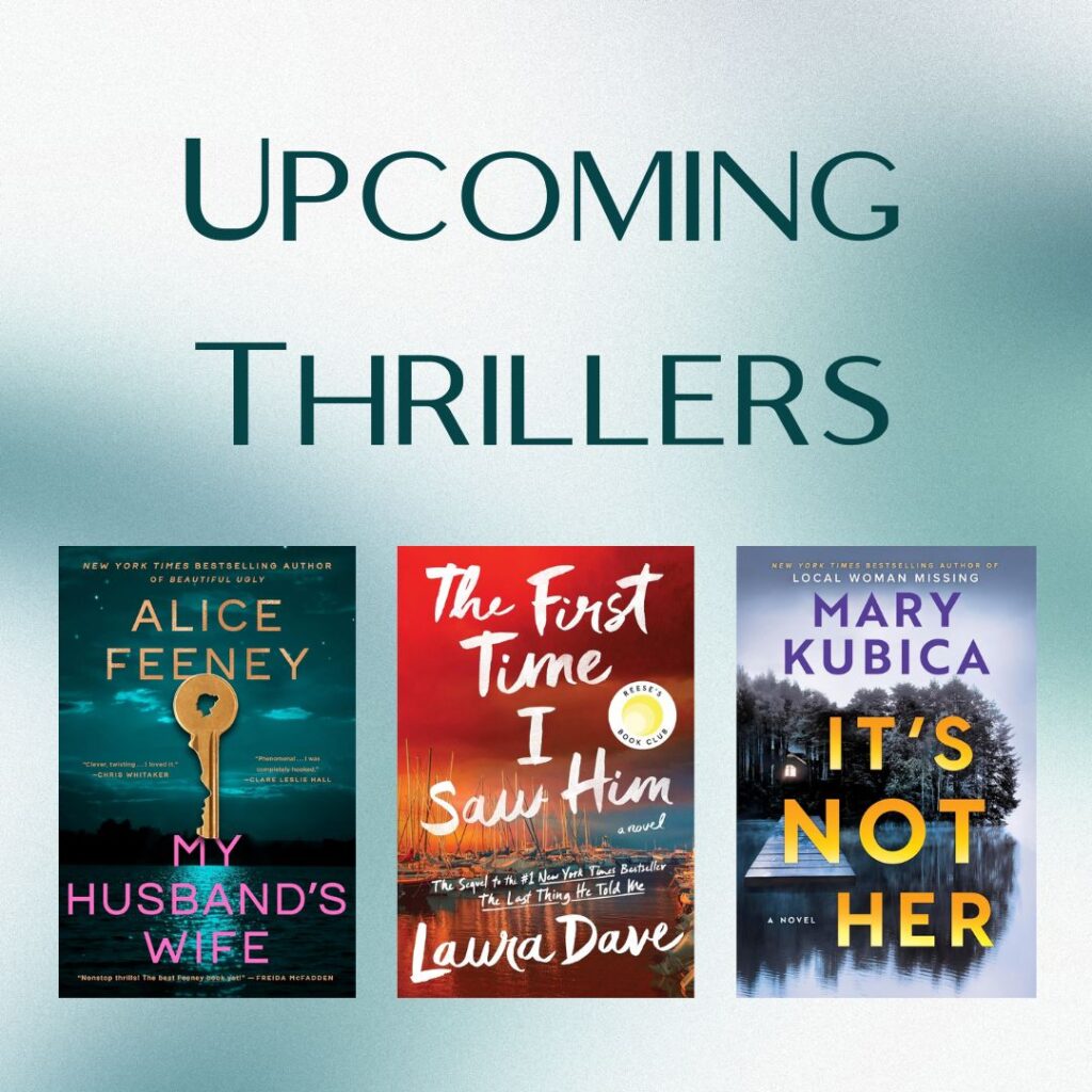 Square graphic displaying covers for upcoming thrillers