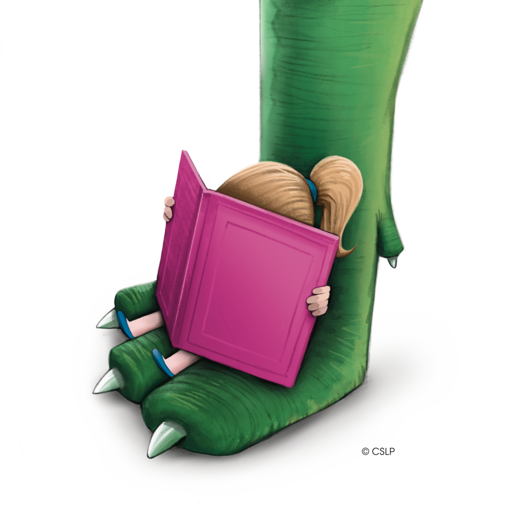 Clipart of a girl reading a pink book on a dinosaur foot