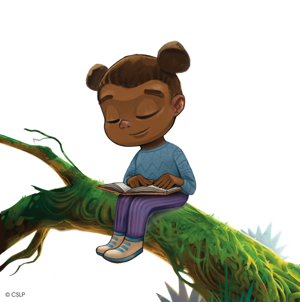 girl reading braille on a tree branch