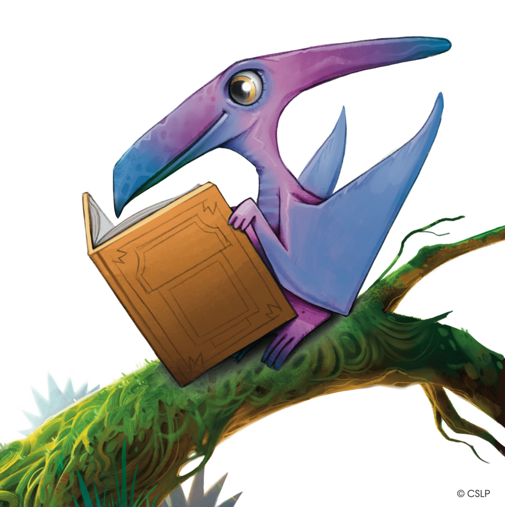 Pterodactyl reading book on a branch
