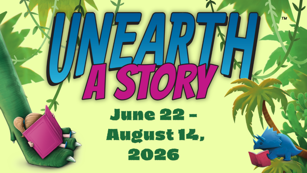 Unearth a story with dinosaur and child reading