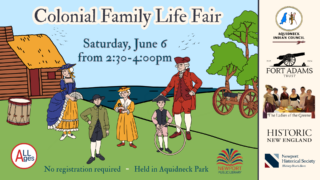 Colonial family life fair featuring clipart of people in colonial garb