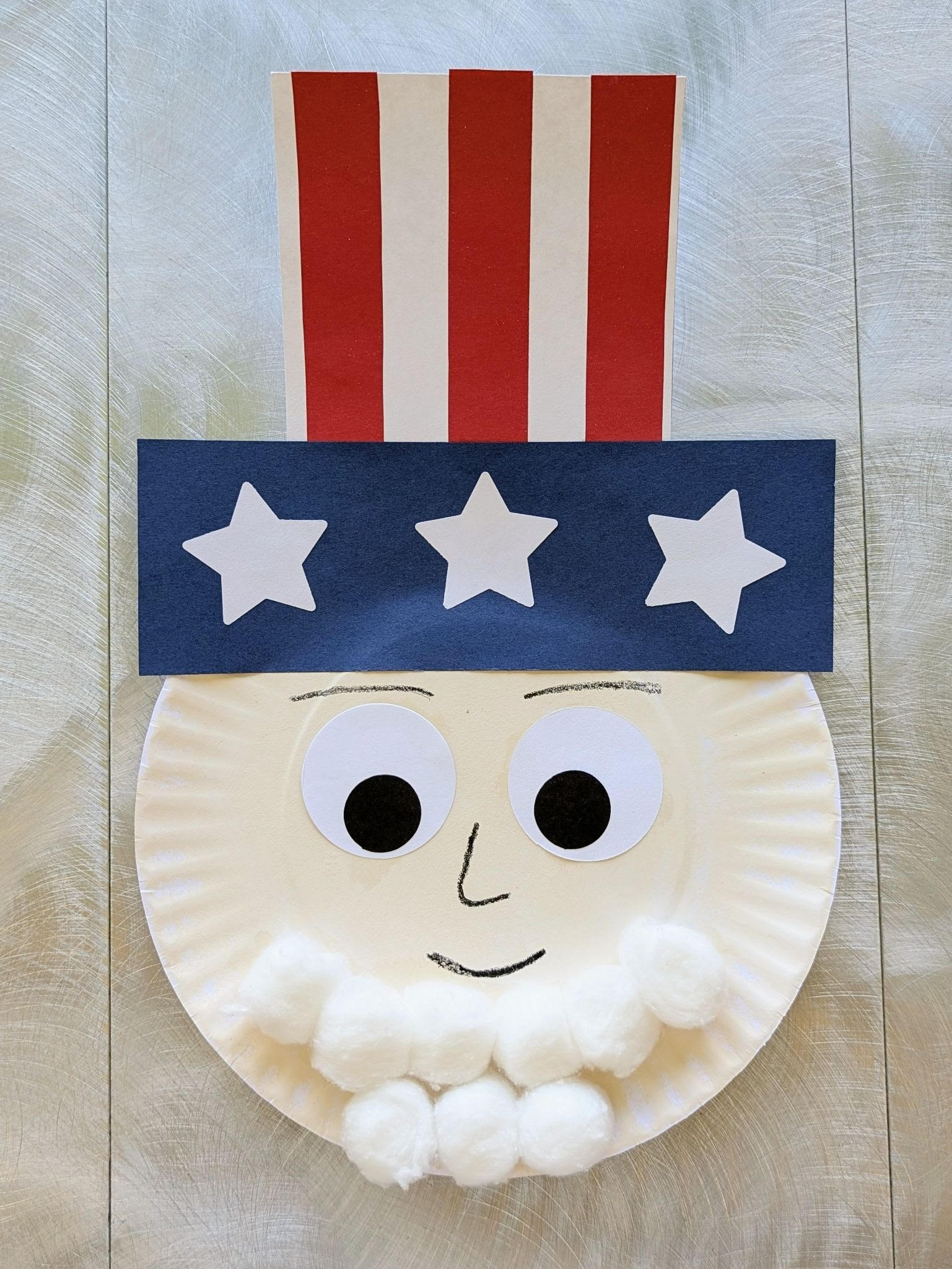 Uncle Sam craft paper plate with red white and blue hat
