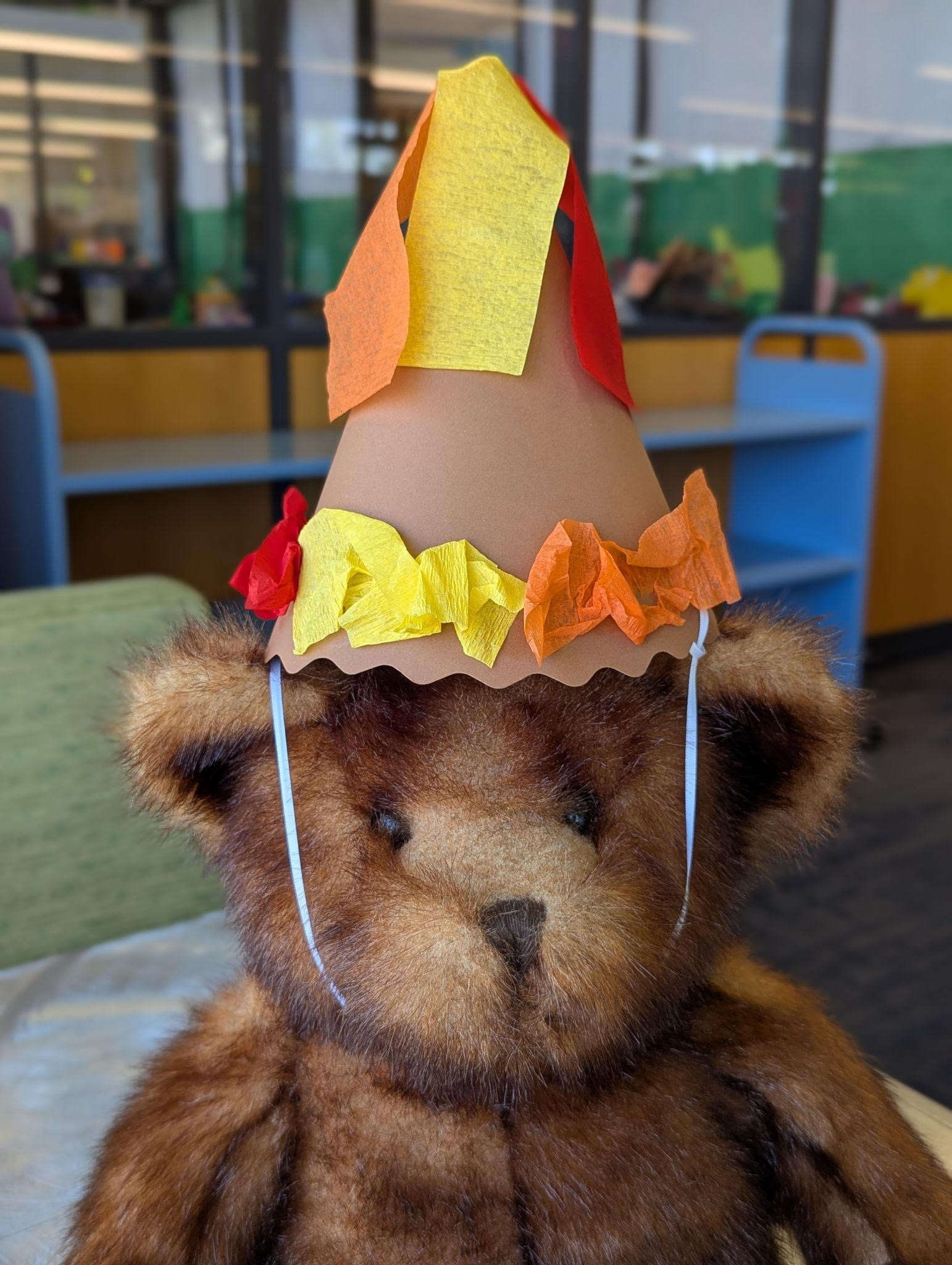 volcano hat craft on a teddy bear